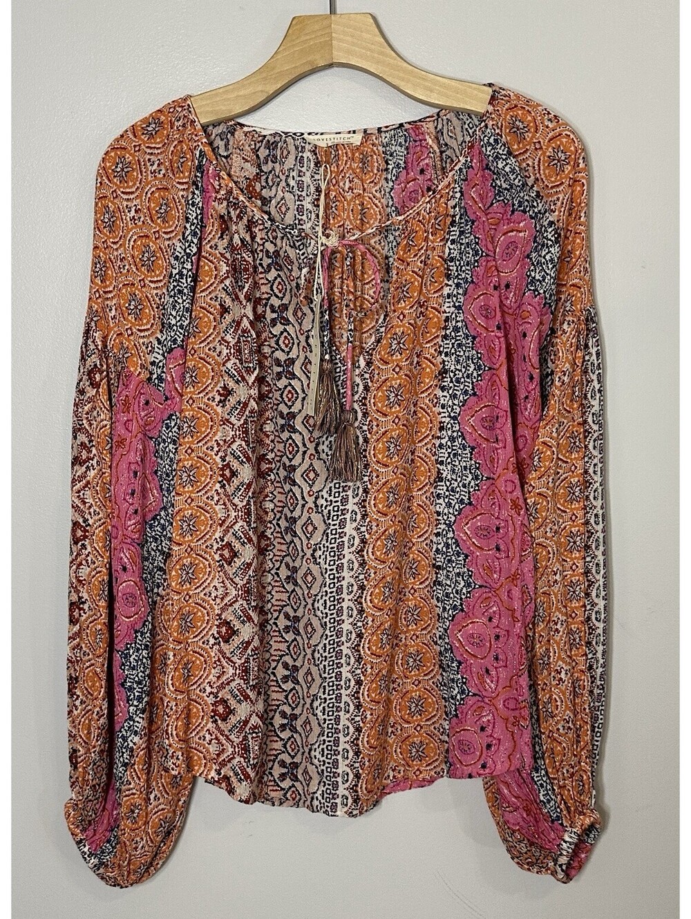 NWTS Lovestitch Anthropologie Hippie Patchwork Long Sleeve Tasseled Blouse Large